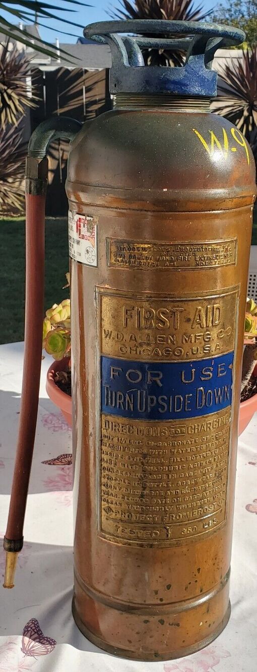 Vtg First Aid Copper Brass Fire Extinguisher 2 1/2 Gallon W.D. Allen Mfg Chicago